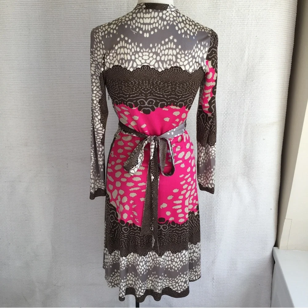Issa London Dress M US8 UK12 Stretch Silk Animal Print Long Sleeve Brown Pink - Picture 6 of 10